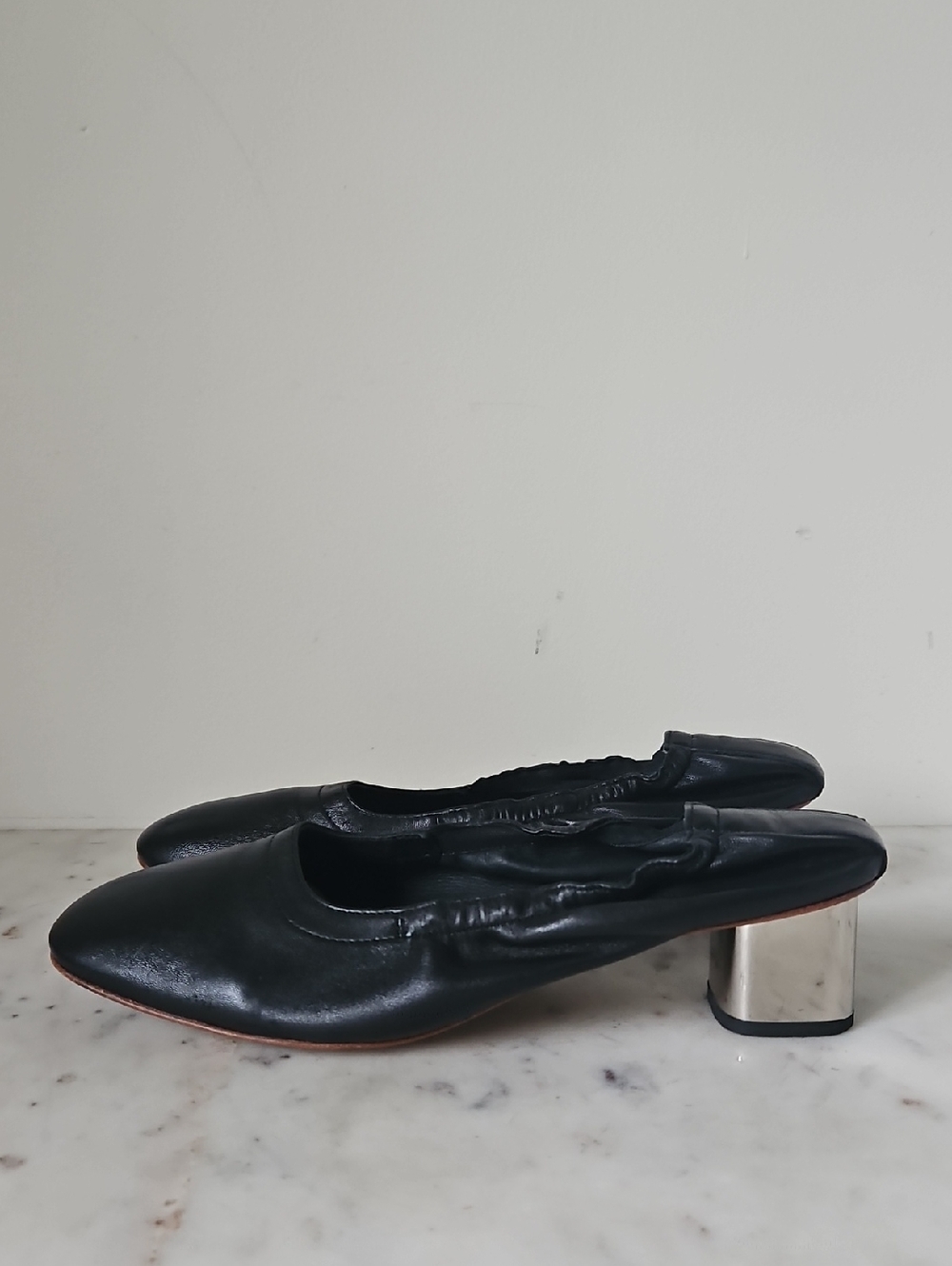 ROBERT CLERGERIE: Soft Stretch Black Nappa Leather Silver Sculptural Block Heels